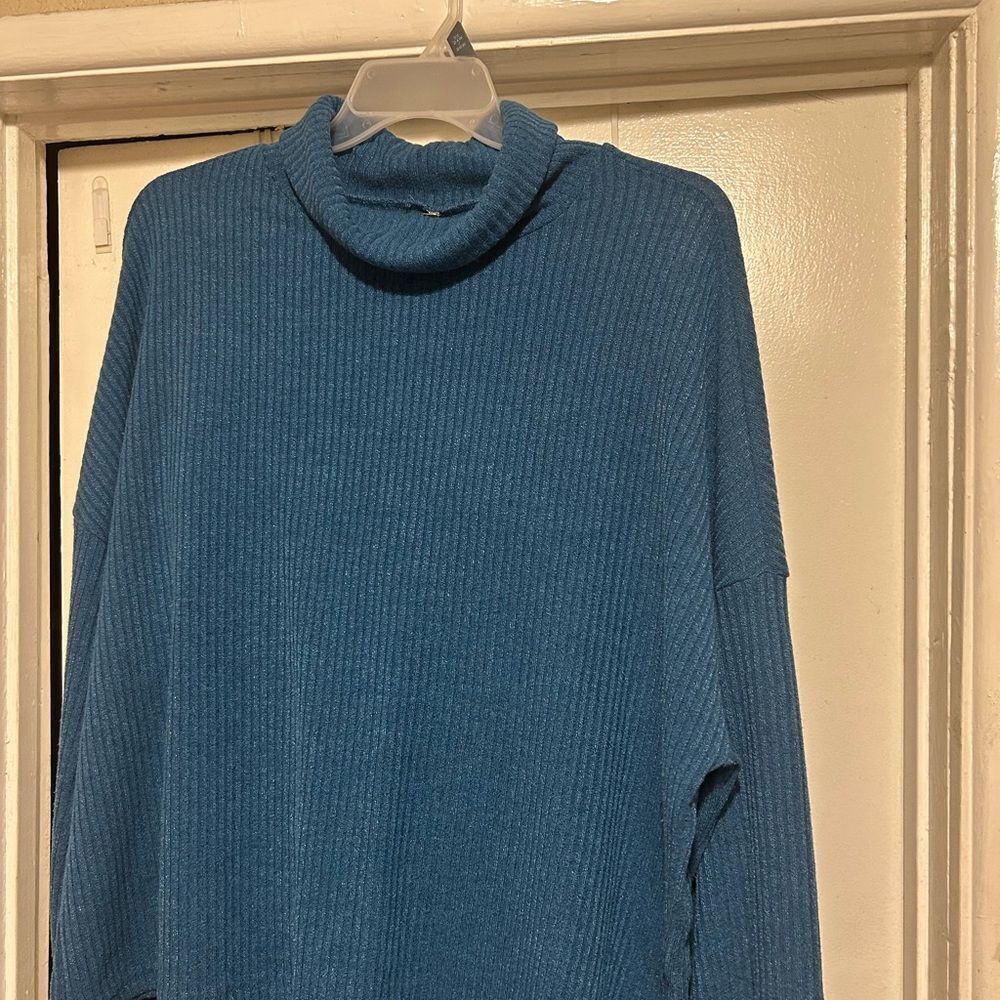 Teal Ribbed Knit Cowl Neck Sweater